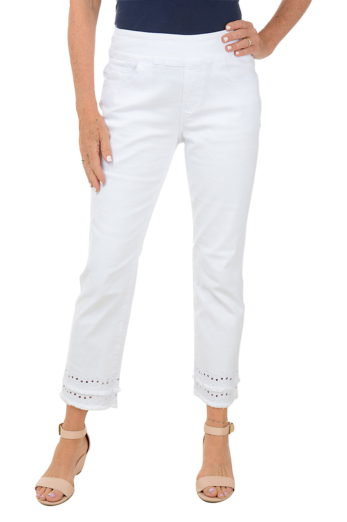 White Denim Double Fringe Eyelet Ankle Pant