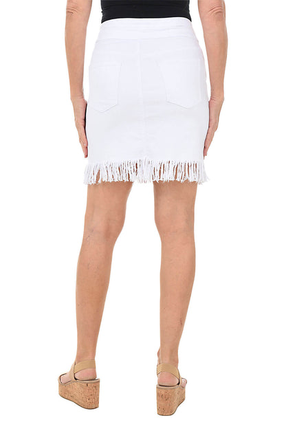 White Fringed Pull-On Denim Skirt