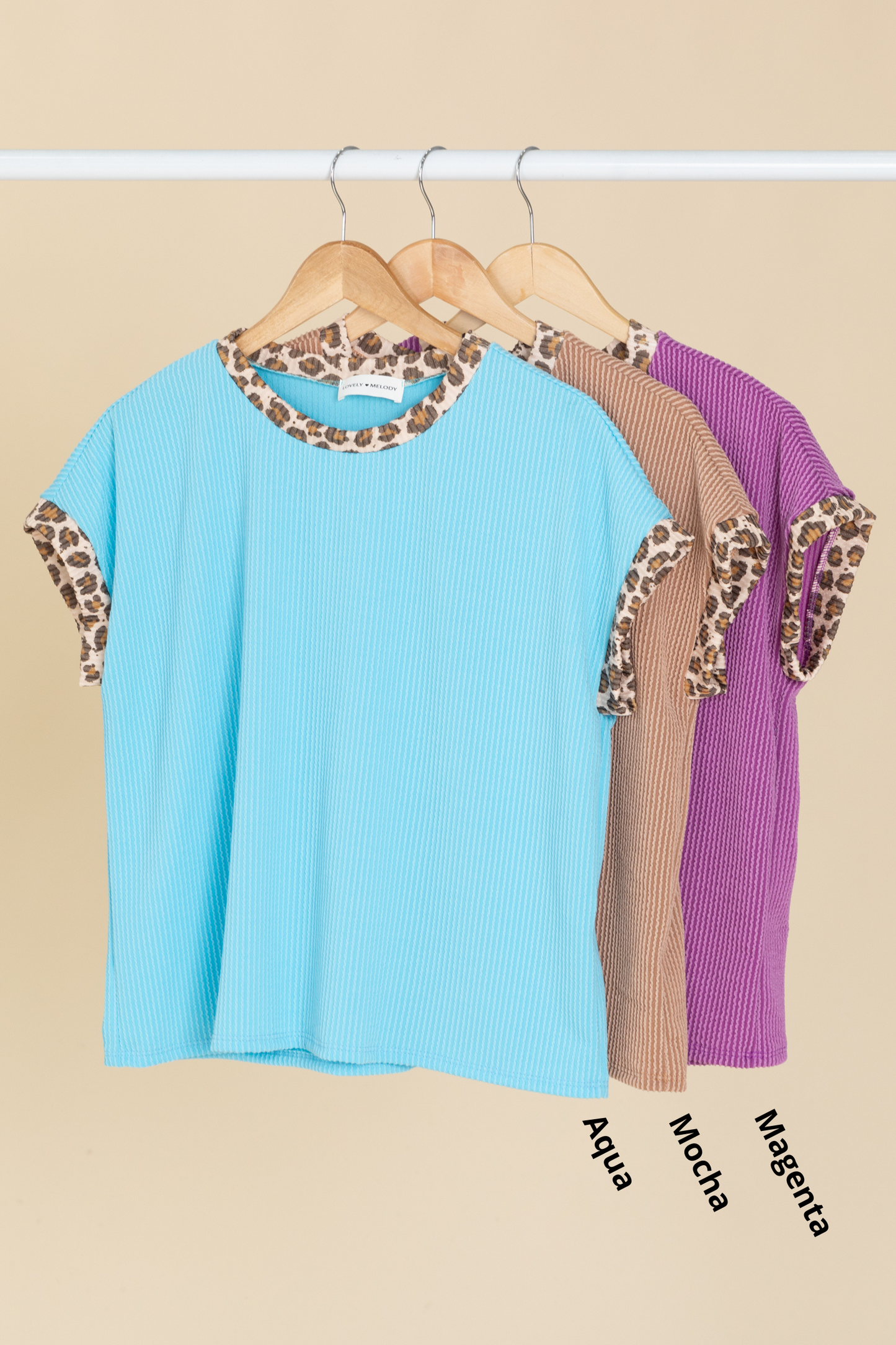 Animal Print Trim Ribbed Knit Tee Shirts