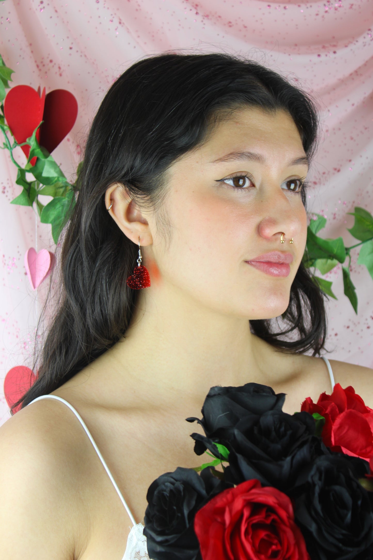 Shimmer Heart Earrings - Red