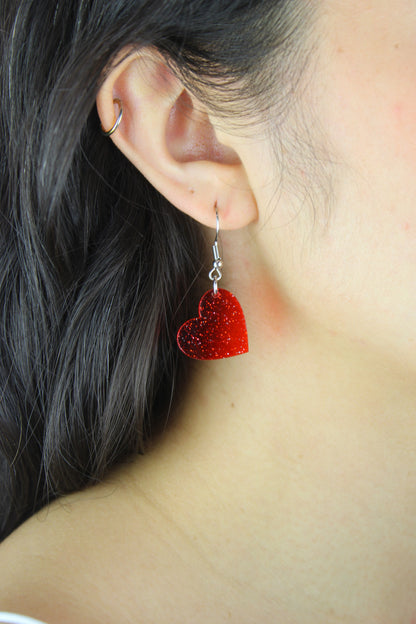 Shimmer Heart Earrings - Red