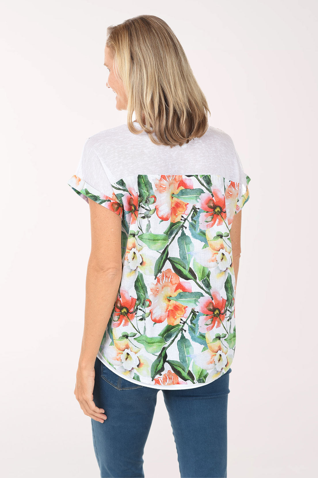 White Watercolor Blooms 100% Linen Tee
