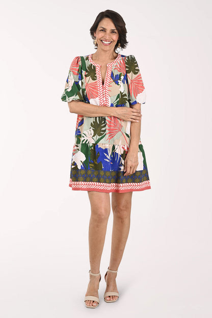 Tropical Leaves Puffed Sleeve Tiered Dress