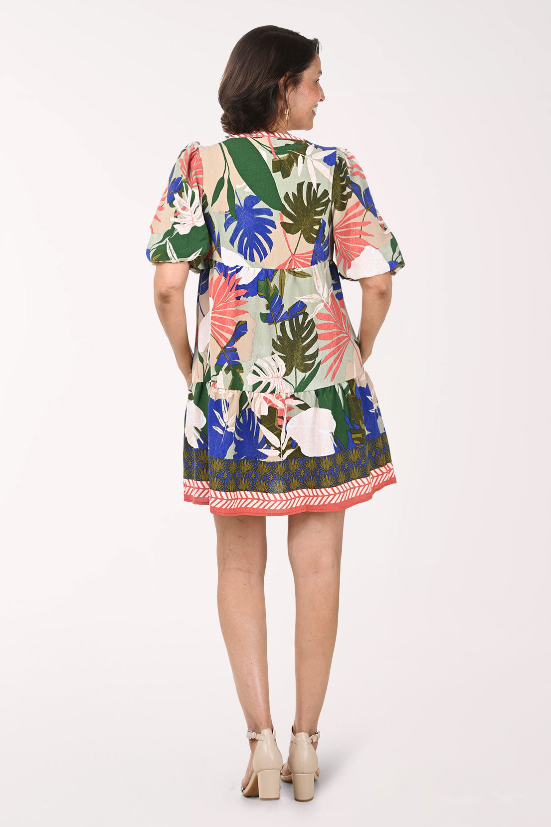 Tropical Leaves Puffed Sleeve Tiered Dress