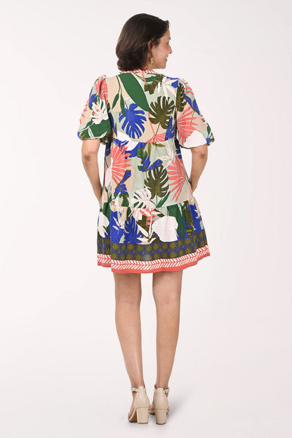 Tropical Leaves Puffed Sleeve Tiered Dress