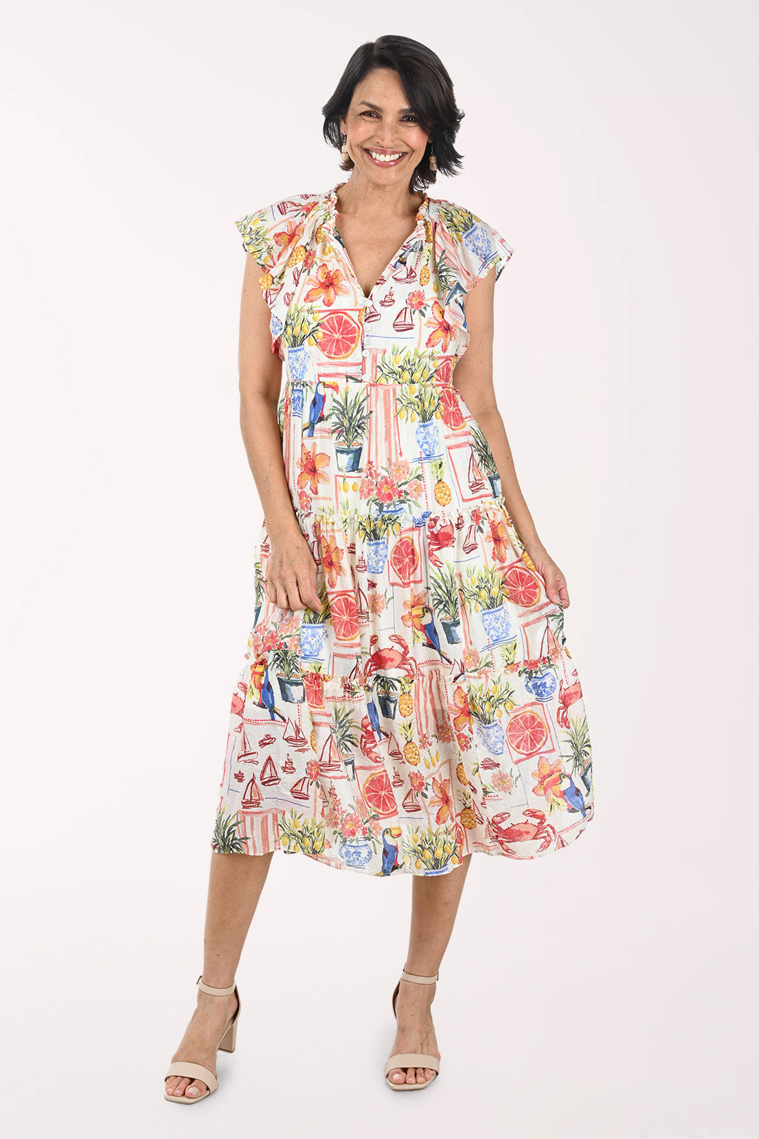Tropical Citrus Flutter Sleeve Tiered Dress