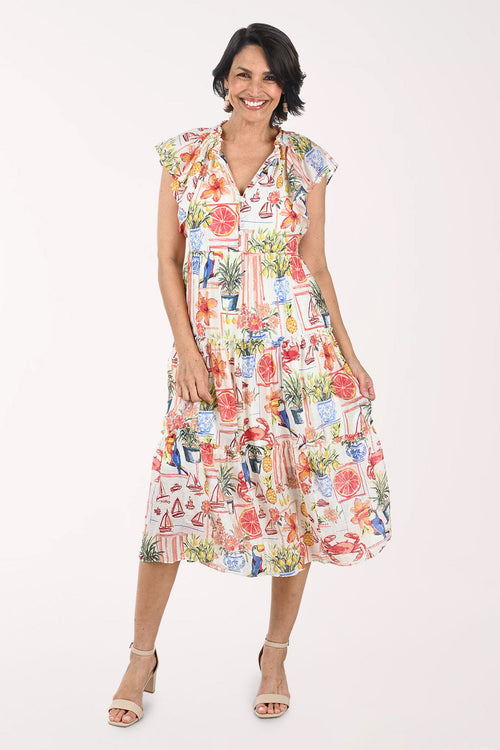 Tropical Citrus Flutter Sleeve Tiered Dress
