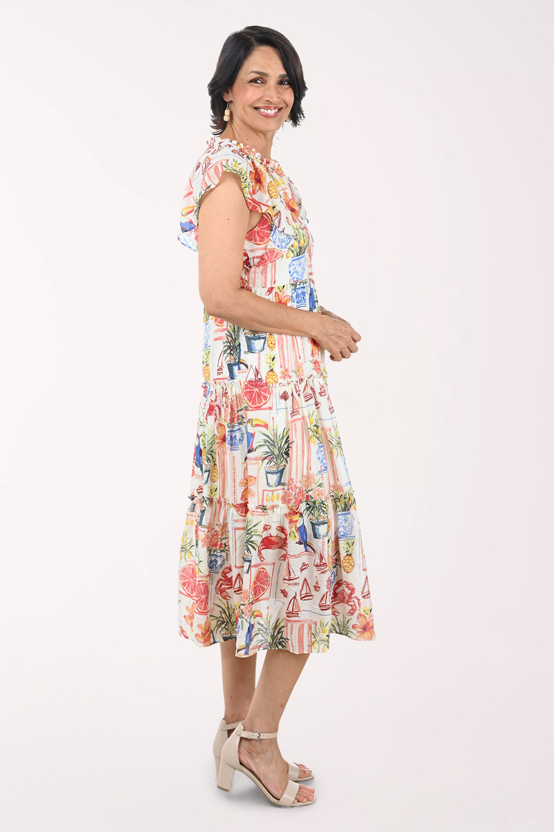Tropical Citrus Flutter Sleeve Tiered Dress