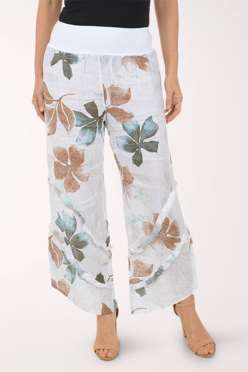 White Floral Frayed Linen Wide Leg Palazzo Pant