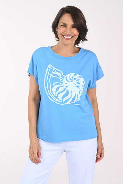 White And Blue Nautilus Cap Sleeve Tee