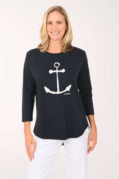 White And Navy Anchor Cotton Tunic Top