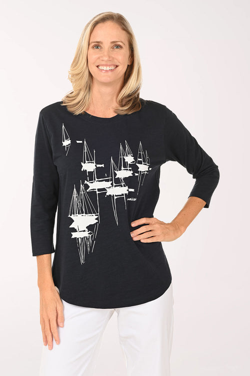 White And Navy Sailboats Cotton Tunic Top