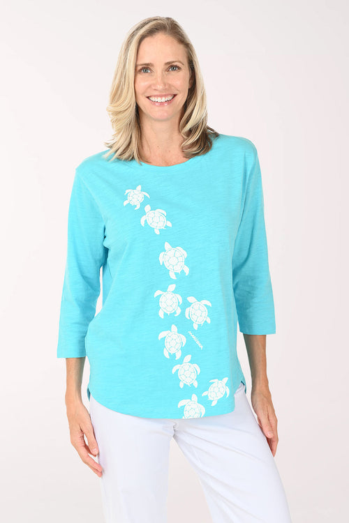 White And Pool Blue Turtles Cotton Tunic Top