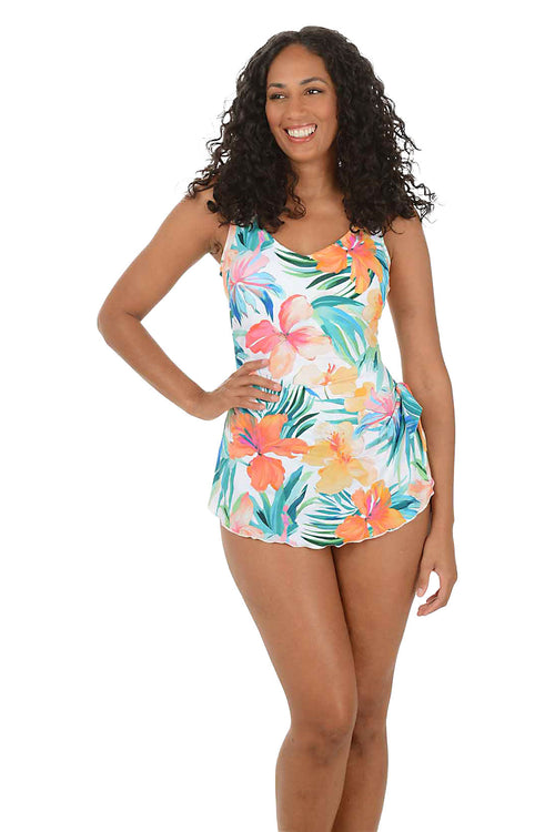White Hibiscus Serenade V-Neck Sarong Swimsuit
