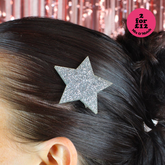 Silver Glitter Single Star Hair Clip