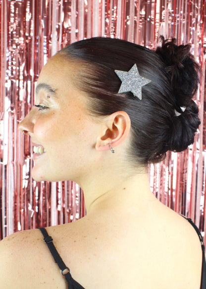 Silver Glitter Single Star Hair Clip