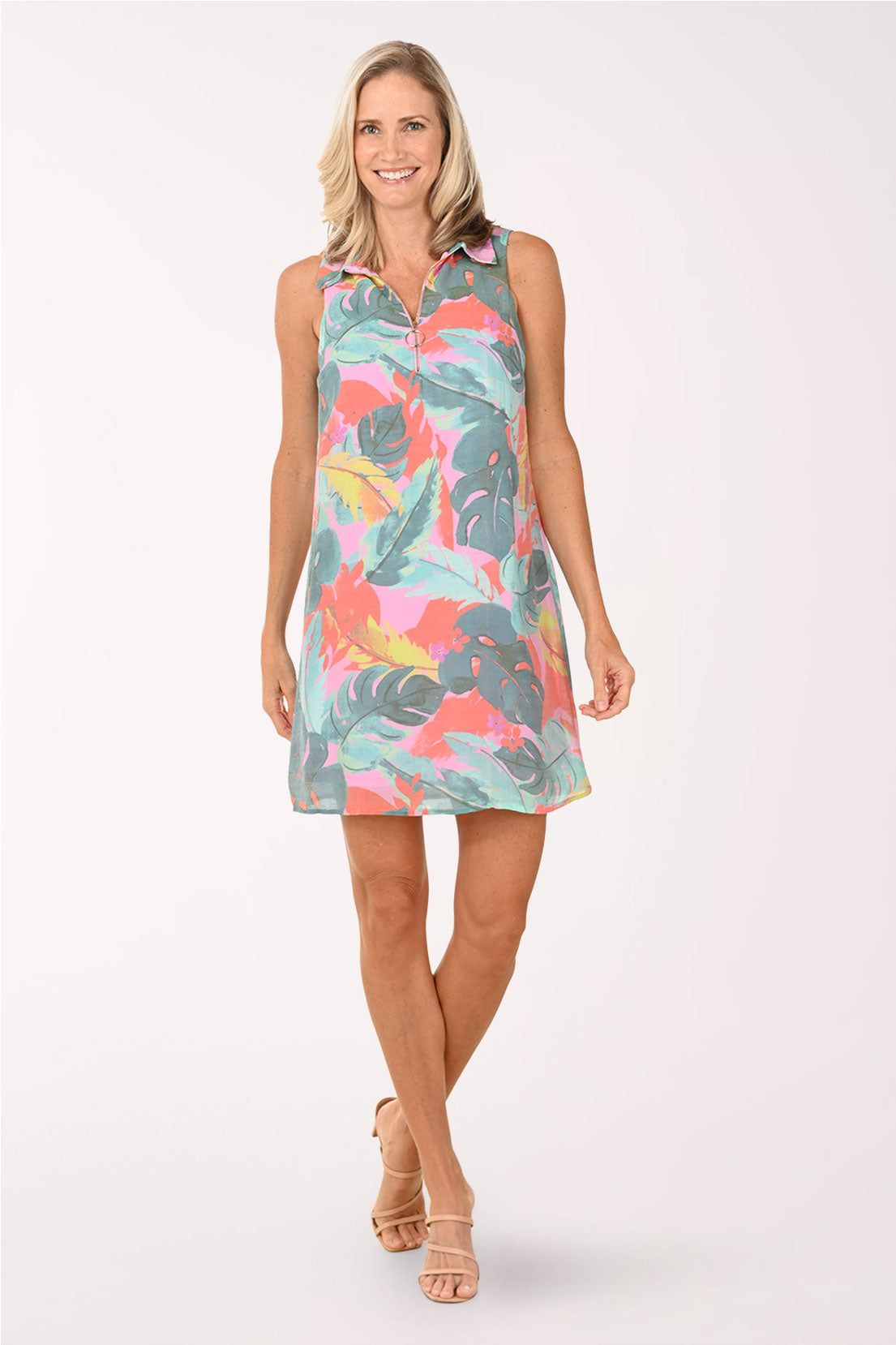 Tropical Chartreuse Zip Neck Sleeveless Dress