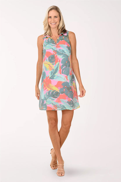 Tropical Chartreuse Zip Neck Sleeveless Dress