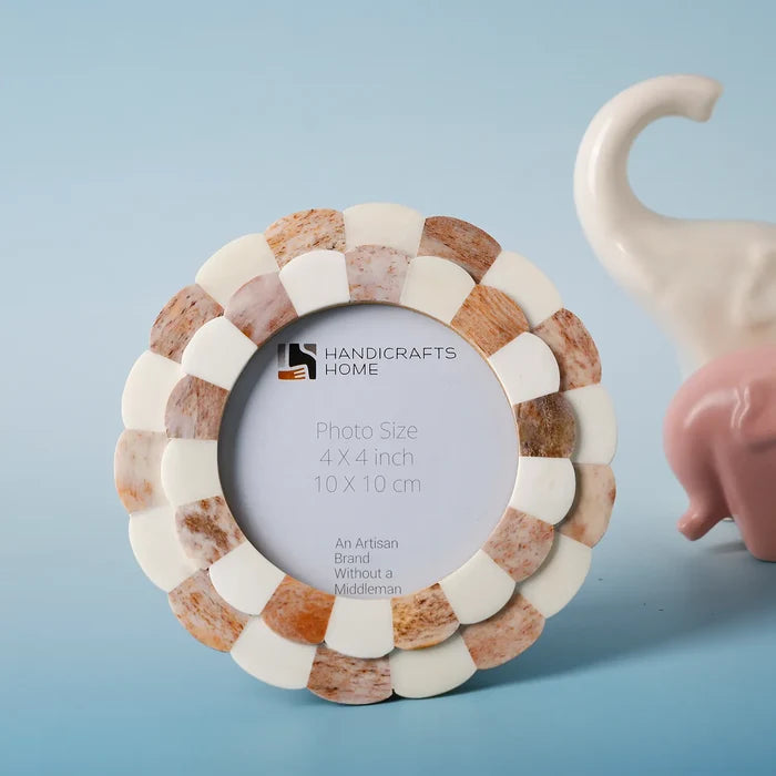 Handmade Baby Round Picture Frame Scalloped Collection Bone Inlay Brown 4x4", for tabletop or wall display