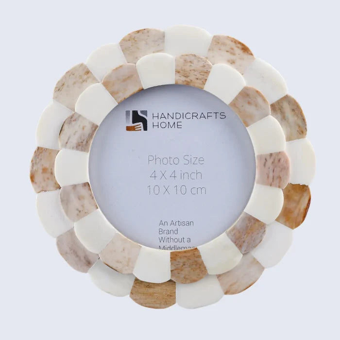 Baby Round Picture Frame Scalloped Collection Bone Inlay Brown 4x4"