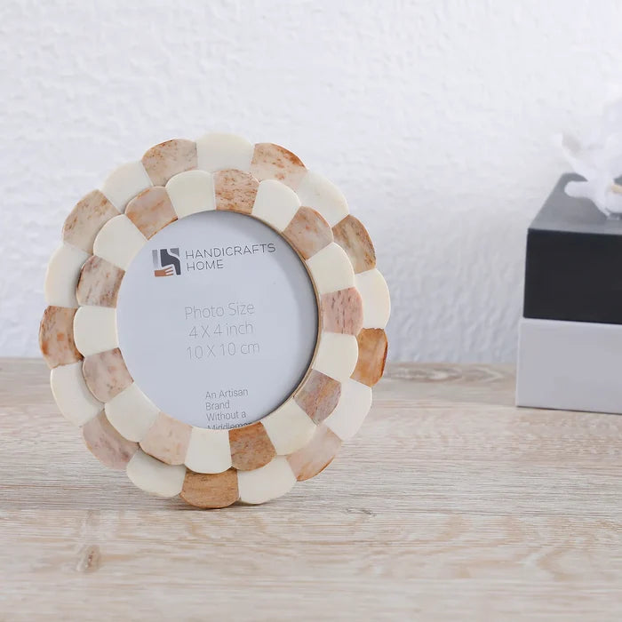 Baby Round Picture Frame Scalloped Collection Bone Inlay Brown 4x4"