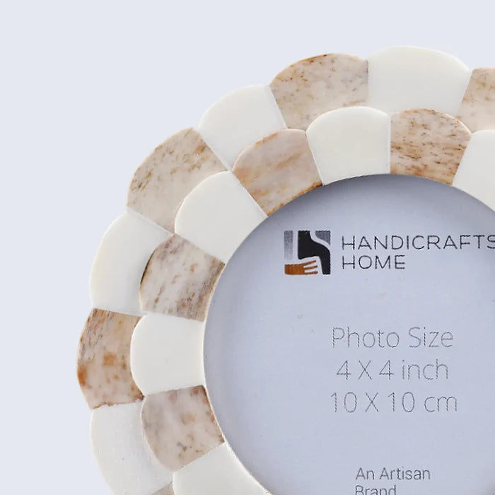 Baby Round Picture Frame Scalloped Collection Bone Inlay Brown 4x4"