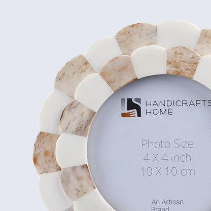 Baby Round Picture Frame Scalloped Collection Bone Inlay Brown 4x4"