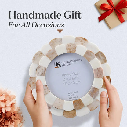 Baby Round Picture Frame Scalloped Collection Bone Inlay Brown 4x4"