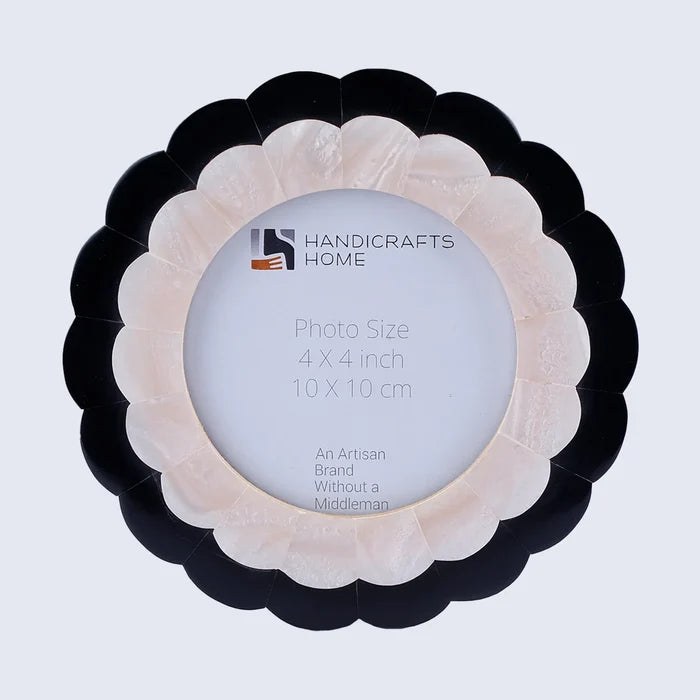 Handmade Black & Pearl White Picture Frame - Moonlit Bloom 4" Round Frame, for tabletop or wall display