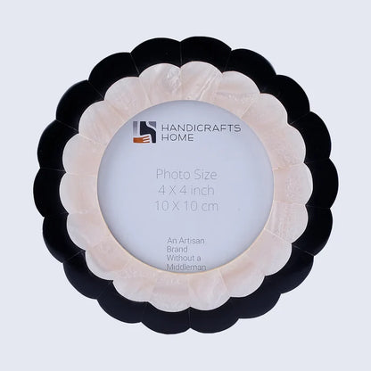 Handmade Black & Pearl White Picture Frame - Moonlit Bloom 4" Round Frame, for tabletop or wall display