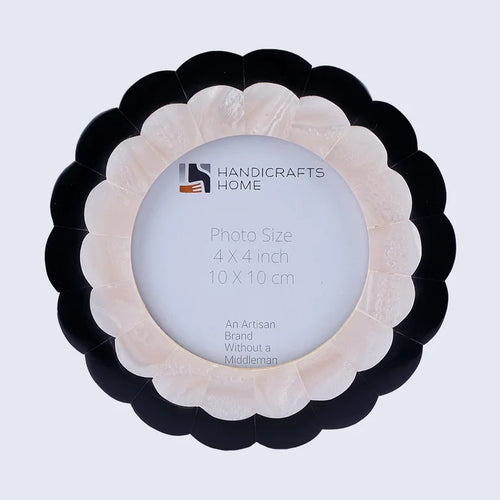 Handmade Black & Pearl White Picture Frame - Moonlit Bloom 4" Round Frame, for tabletop or wall display
