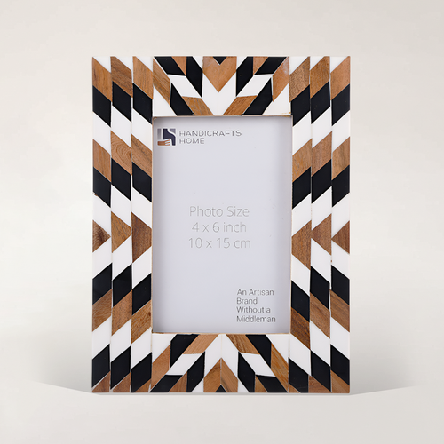 Handmade Black White Aztec Geometric Wood Resin Picture Frame 4x6 5x7, for tabletop or wall display