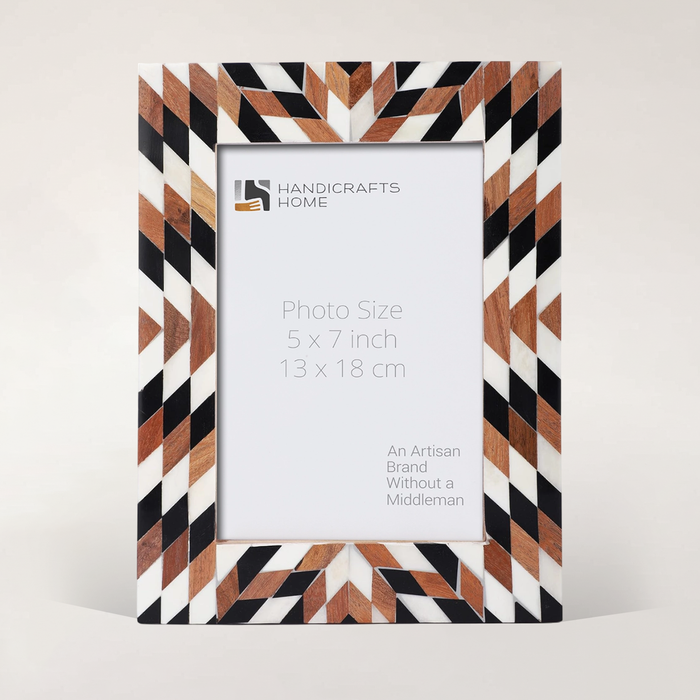 Handmade Black White Aztec Geometric Wood Resin Picture Frame 4x6 5x7, for tabletop or wall display