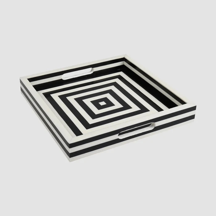 Handmade Black White Concentric Tray Coffee Table Ottoman 11x17 12x12, for serving or organizing
