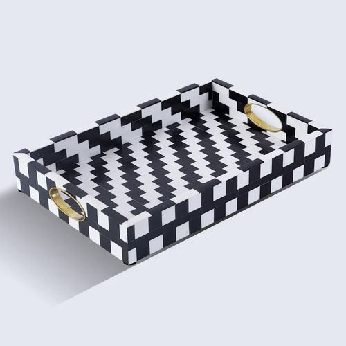 Handmade Black White Optique Pixel Resin Decorative Tray Brass 11x17