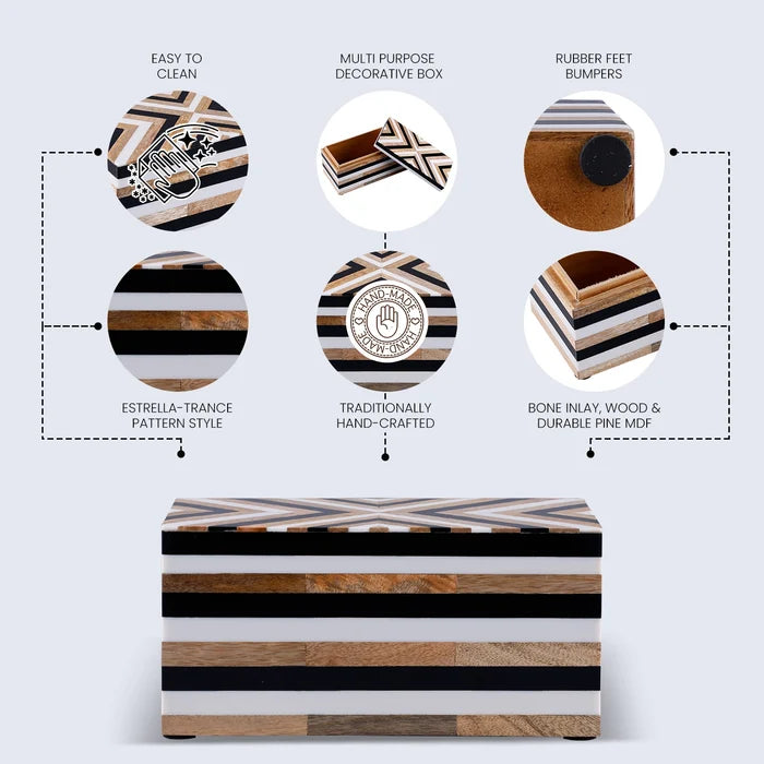 Handmade Black White Wood & Resin Inlay Decorative Storage Box – Chevron Collection (Multiple Sizes