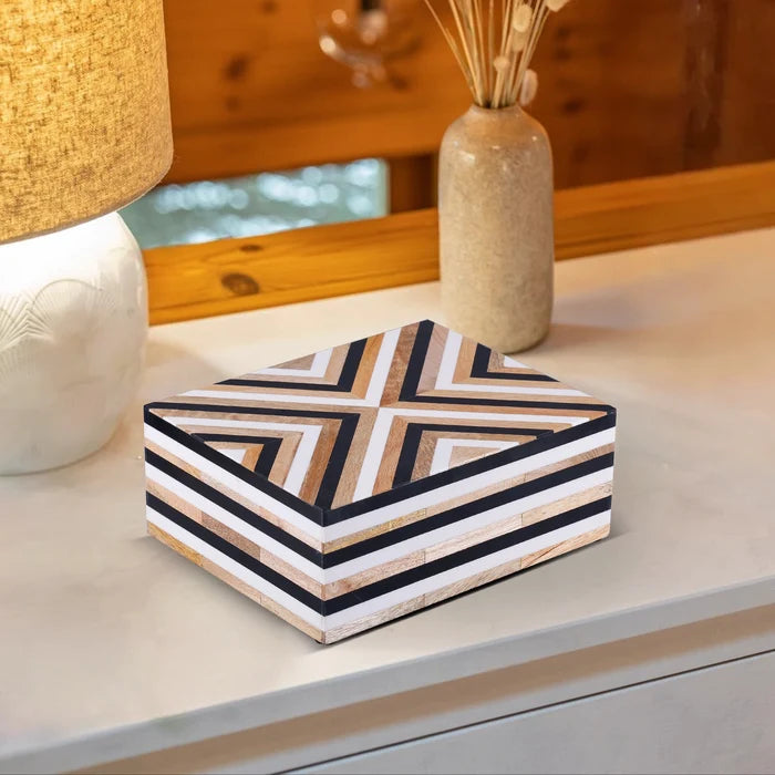 Black White Wood & Resin Inlay Decorative Storage Box – Chevron Collection (Multiple Sizes)