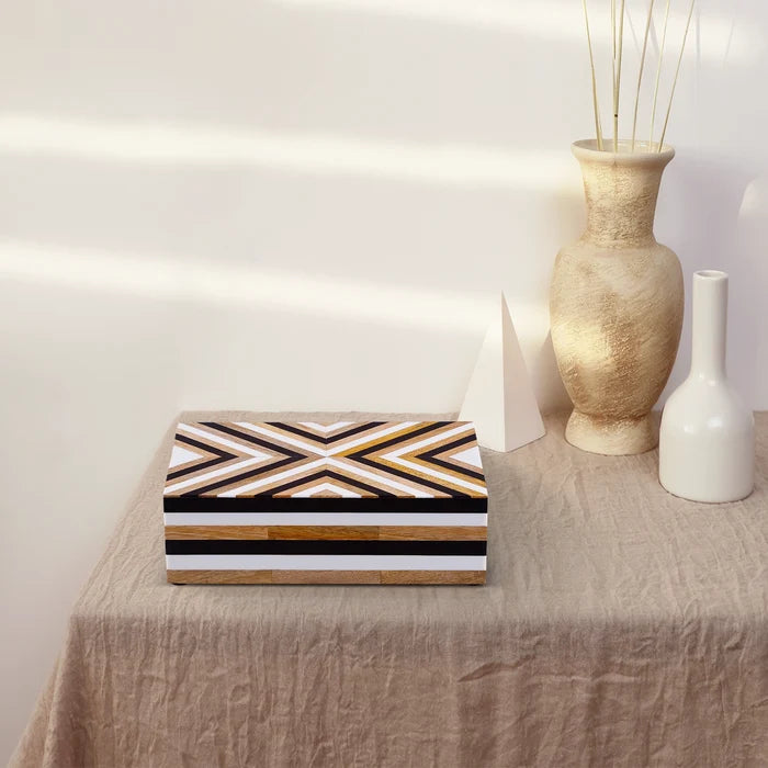 Black White Wood & Resin Inlay Decorative Storage Box – Chevron Collection (Multiple Sizes)
