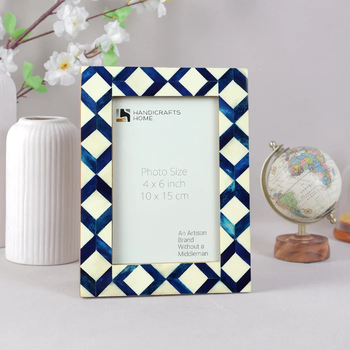 Handmade Blue & White Bone Inlay Picture Frame - Diamond Pattern - 4x6 5x7, for tabletop or wall display