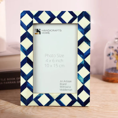 Handmade Blue & White Bone Inlay Picture Frame - Diamond Pattern - 4x6 5x7, for tabletop or wall display
