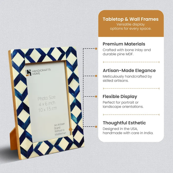 Blue & White Bone Inlay Picture Frame | Diamond Pattern | 4x6 5x7