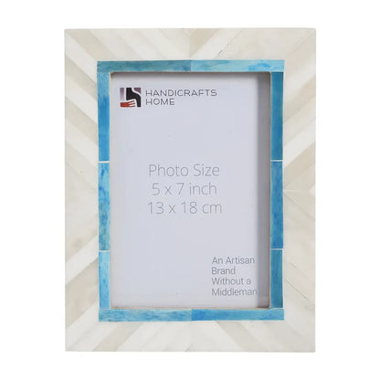 Handmade Bone Inlay Picture Frame - Coastal Chevron Blue & White, for tabletop or wall display