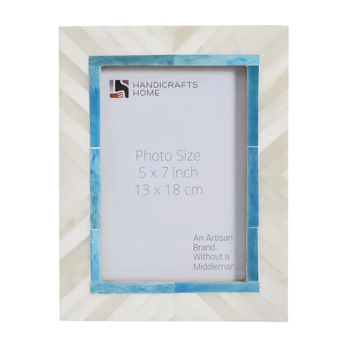 Handmade Bone Inlay Picture Frame - Coastal Chevron Blue & White, for tabletop or wall display