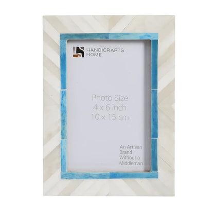 Handmade Bone Inlay Picture Frame - Coastal Chevron Blue & White, for tabletop or wall display