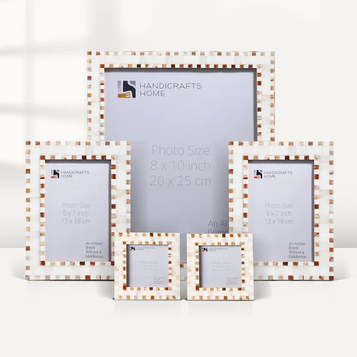 Handmade Brown White Bone Inlay Checkered Picture Frame Set (5-Pieces, for tabletop or wall display