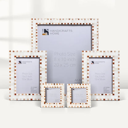 Handmade Brown White Bone Inlay Checkered Picture Frame Set (5-Pieces, for tabletop or wall display