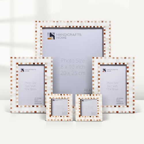 Handmade Brown White Bone Inlay Checkered Picture Frame Set (5-Pieces, for tabletop or wall display