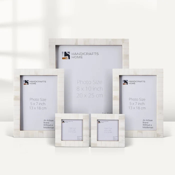 Handmade Classic Bone Inlay Picture Frame Set, White (5-Pieces, for tabletop or wall display