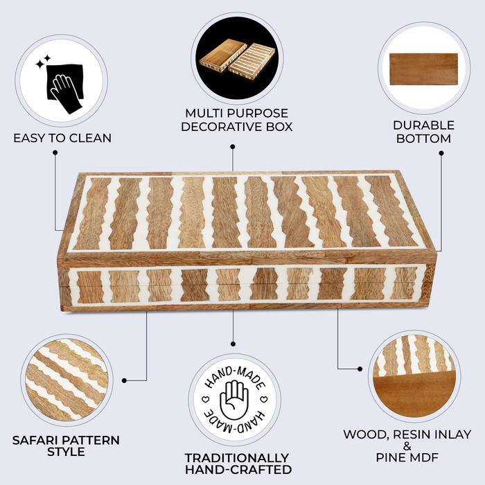 Handmade Decorative Box Kept Safari Pattern Wood & Resin Inlay Brown White available in 7 sizes, for jewelry and keepsake storage