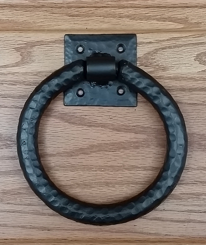 Distressed 6" ring pull with hammered back plate (our largest in this class) - Wild West Hardware